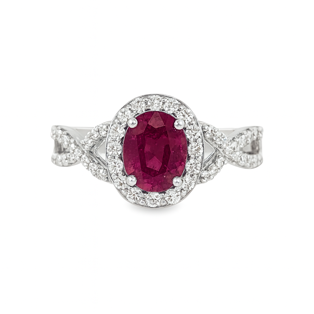 14K White Gold Oval Ruby & Diamond Ring 0.50 ctw