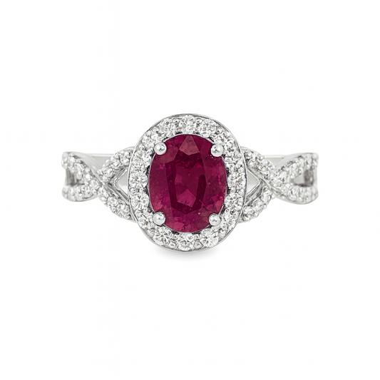 14K White Gold Oval Ruby & Diamond Ring 0.50 ctw