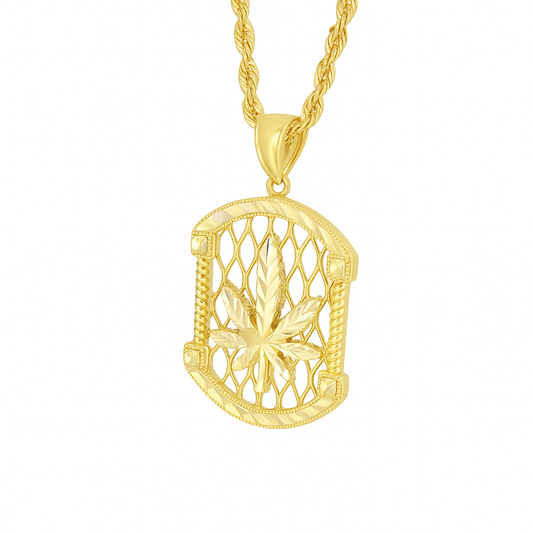 10K Yellow Gold Leaf Motif Charm Pendant Necklace | Rope Chain Design | Jewelry Palace