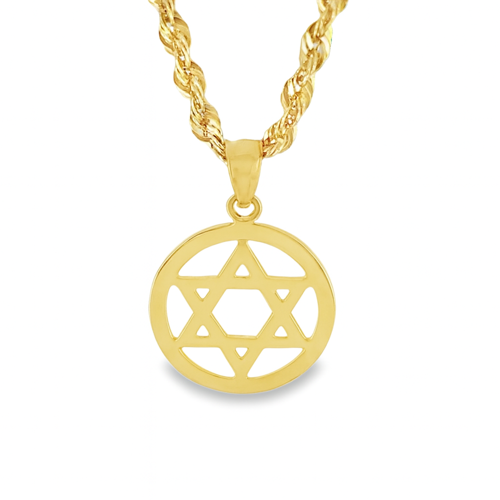 10K Yellow Gold Star of David Pendant Medallion w/ 20” Rope Chain Necklace