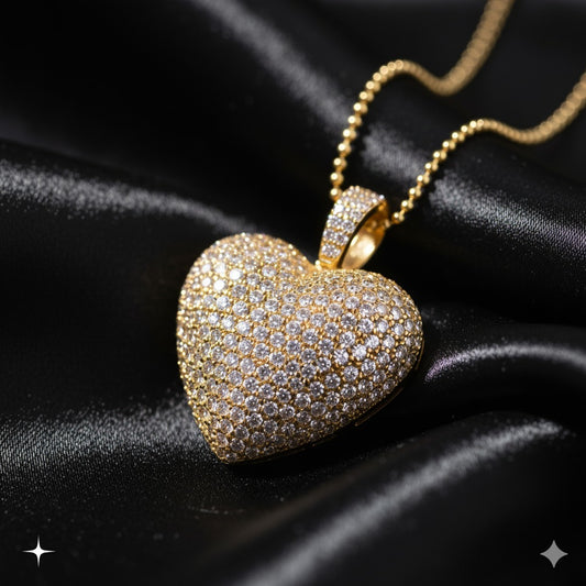 10K Yellow Gold Diamond Heart Pendant with Moon Cut Chain for Women | Iced Heart Look