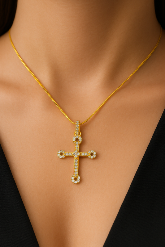 10K Yellow Gold Diamond Cross Charm Necklace Two-Tone Round Brilliant 0.23 CTW