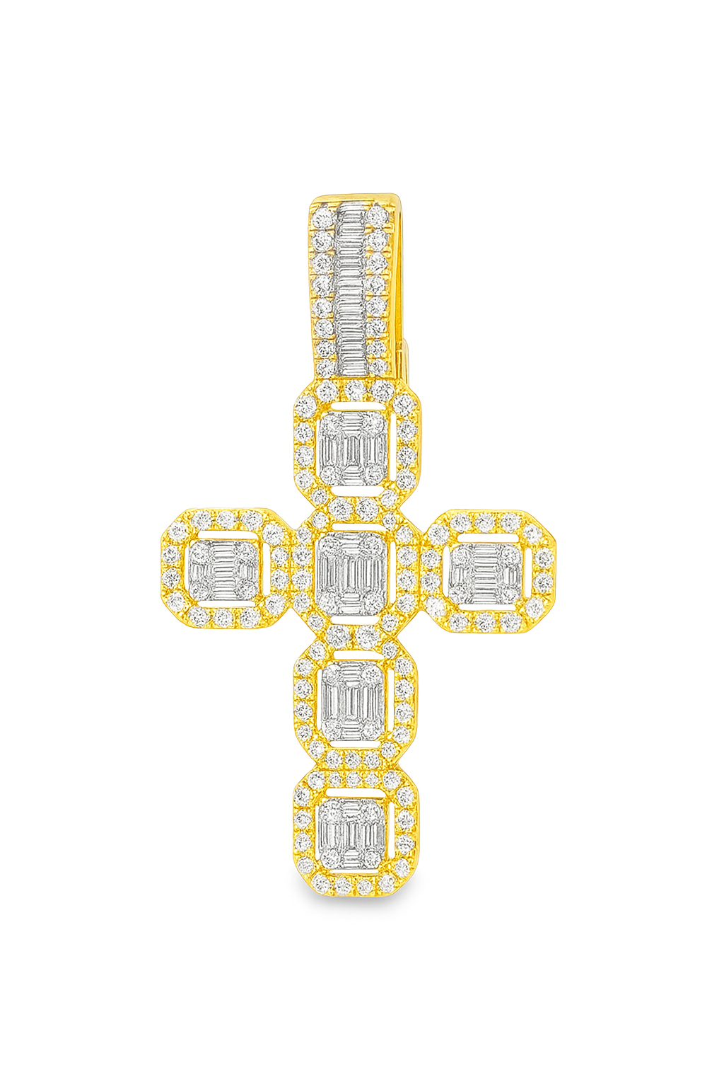 10K Yellow Gold Diamond Cross Pendant with Baguette-Cut Diamonds 2.00 ctw