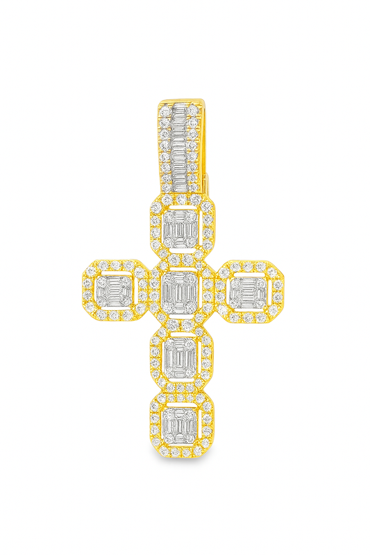 10K Yellow Gold Diamond Cross Pendant with Baguette-Cut Diamonds 2.00 ctw