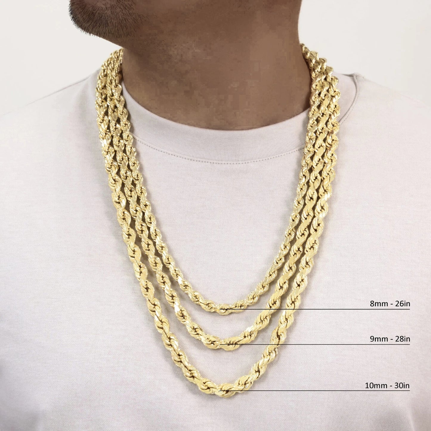 10K Yellow Gold Hollow Rope Chain & Bracelet – Diamond Cut | Multiple Lengths & Thicknesses (1.5 mm–10mm) | Jewelry Palace