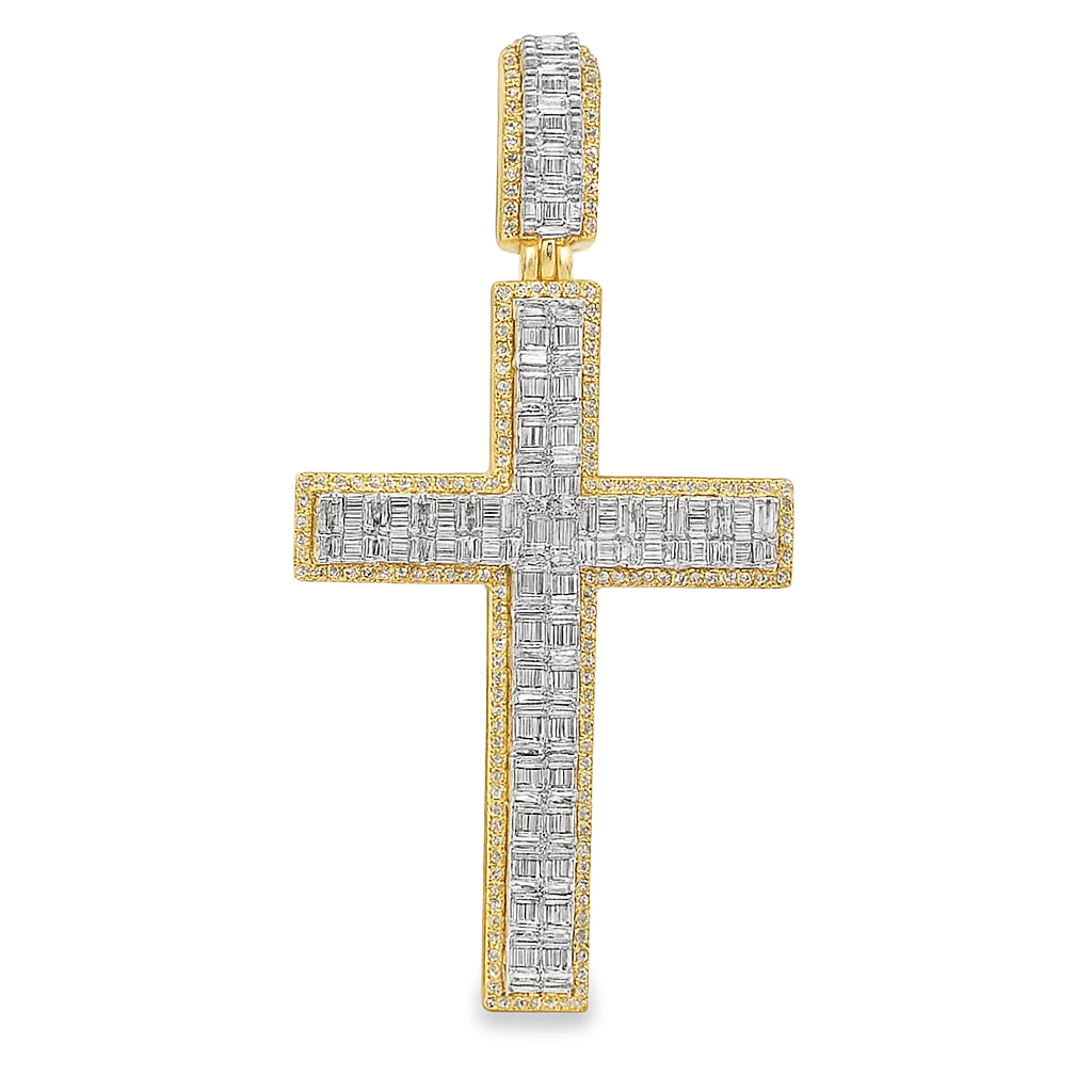 10K Yellow Gold Baguette Diamond Cross Pendant 2.35 ctw | Men’s Iced Out Gold Cross Necklace