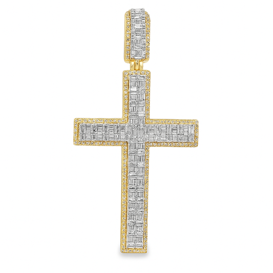 10K Yellow Gold Baguette Diamond Cross Pendant 2.35 ctw | Men’s Iced Out Gold Cross Necklace