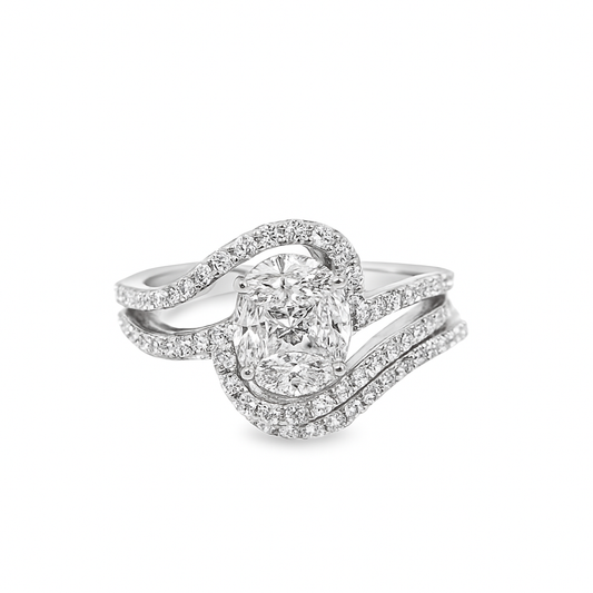 18k White Gold Diamond Flower-Set Princess Center Ring 1.50 ctw