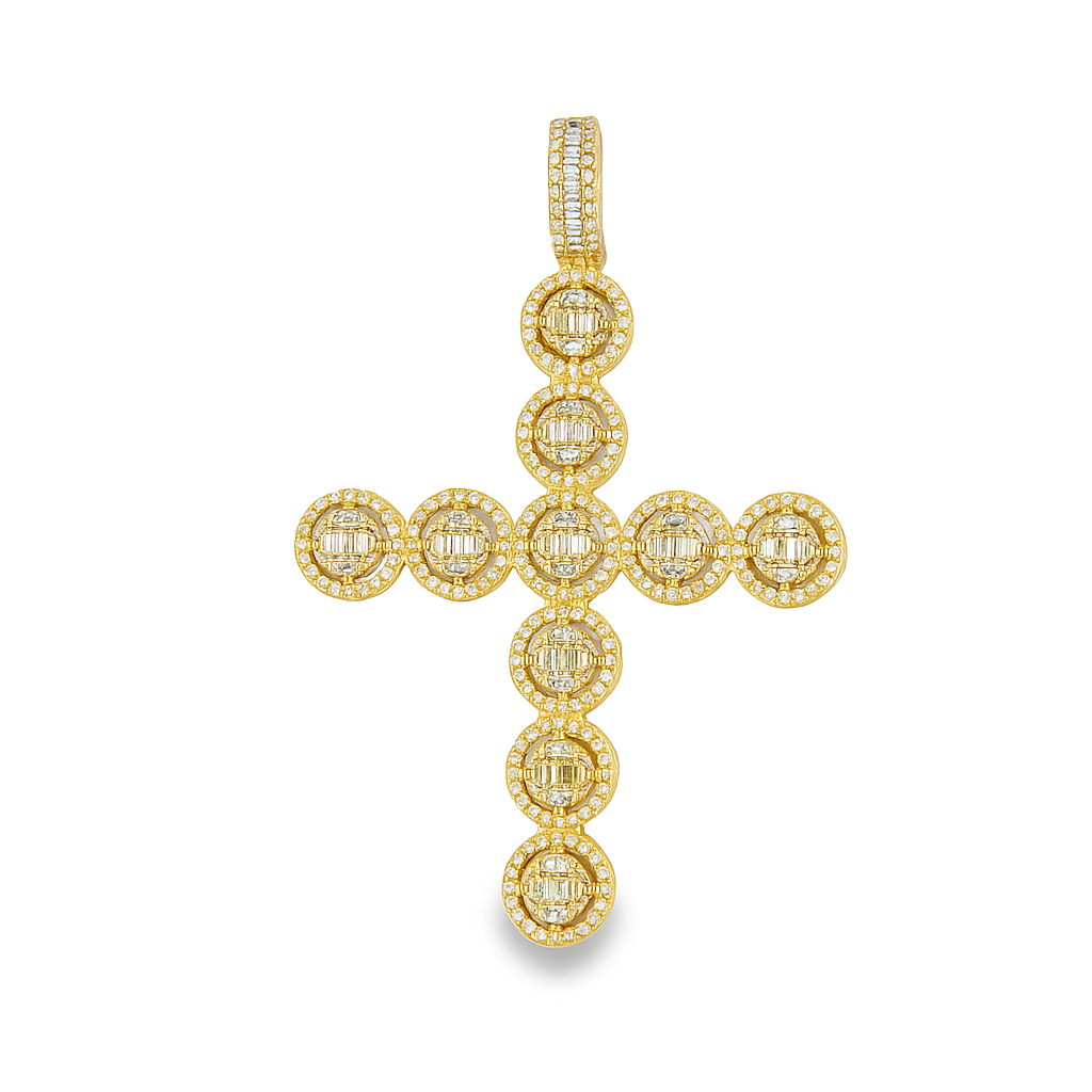 10K Yellow Gold Diamond Cross Pendant 4.0 ctw | Round & Baguette Cut Iced Out Cross Necklace