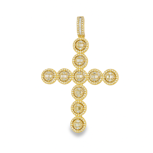 10K Yellow Gold Diamond Cross Pendant 4.0 ctw | Round & Baguette Cut Iced Out Cross Necklace