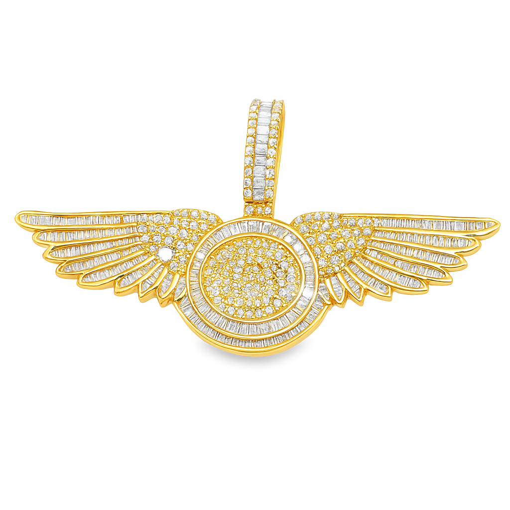 10K Yellow Gold Diamond Wing Pendant 4.50 ctw | Baguette & Round Cut Iced-Out Charm