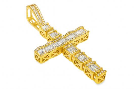10K Yellow Gold Diamond Cross Pendant with Baguette Cut Diamonds 2.53 ctw