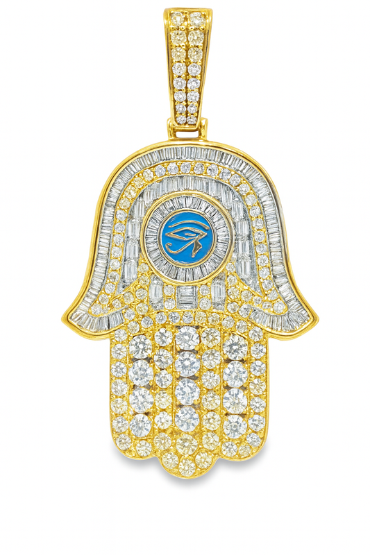 10K Yellow Gold Diamond Hamsa Pendant 4.50 ctw | Eye of Horus Baguette & Round Diamond Charm