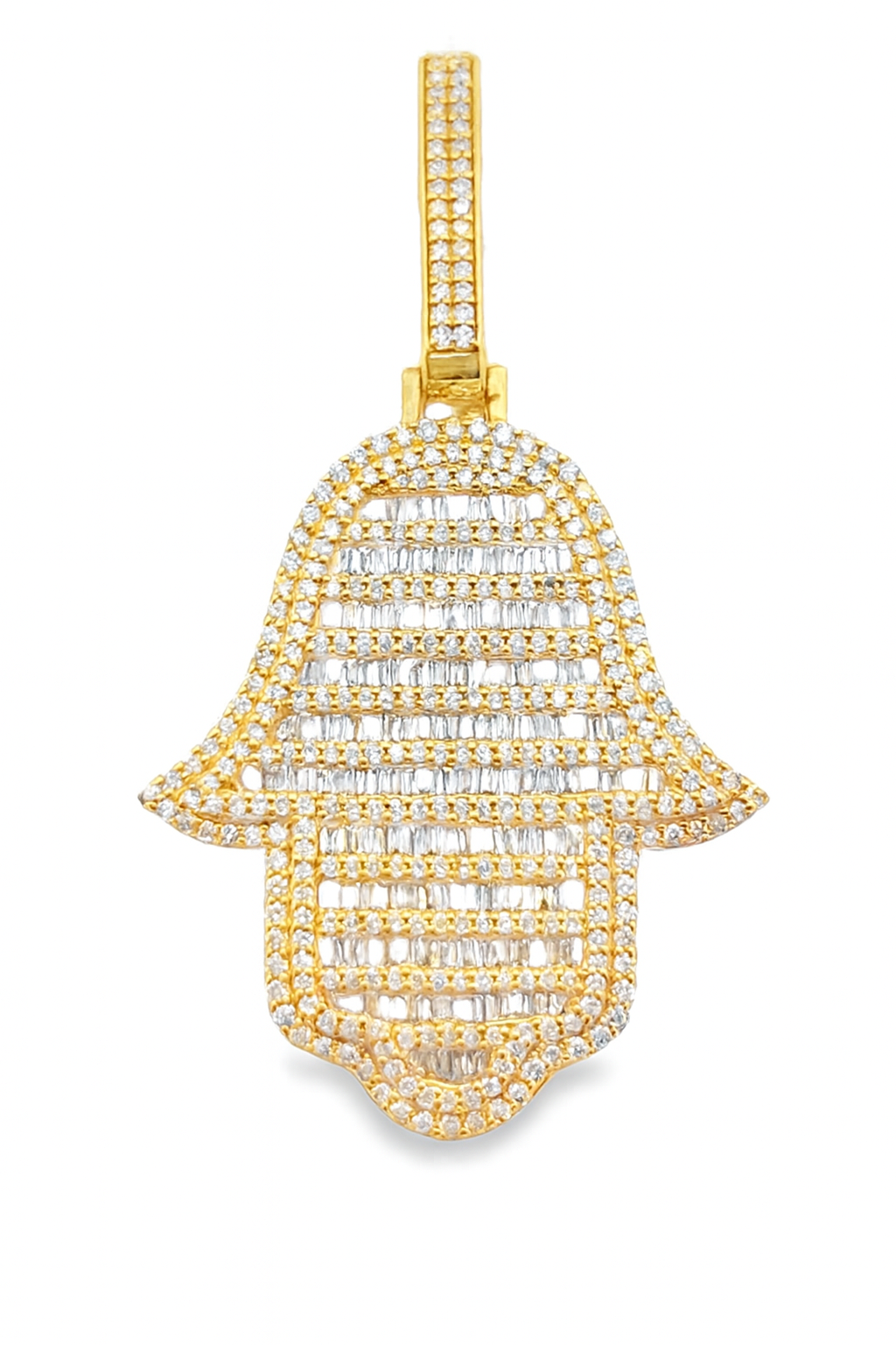 10K Yellow Gold Diamond Hamsa Pendant 4.0 ctw | Baguette & Round Diamond Charm