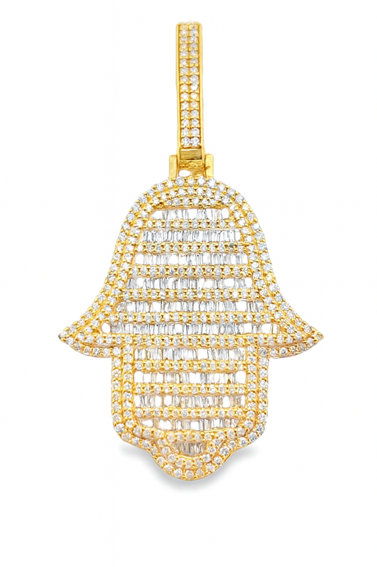 10K Yellow Gold Diamond Hamsa Pendant 4.0 ctw | Baguette & Round Diamond Charm