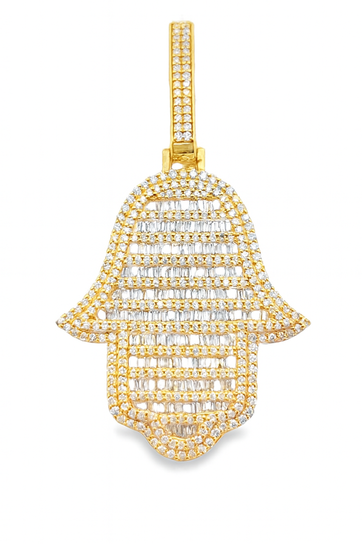 10K Yellow Gold Diamond Hamsa Pendant 4.0 ctw | Baguette & Round Diamond Charm