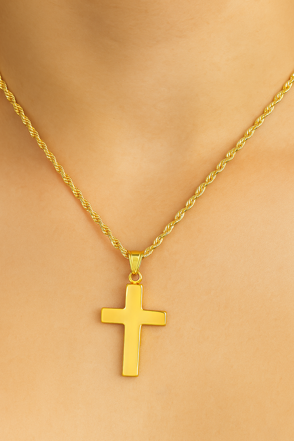 10K yellow gold minimal cross pendant detail