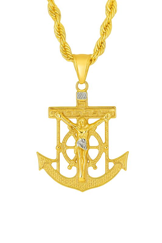 10K Yellow Gold Anchor Crucifix Pendant Necklace Set – Faith & Strength Design | Jewelry Palace