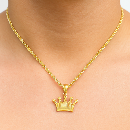 10K Yellow Gold Crown Charm Necklace | Royal-Inspired Pendant with Rope Chain | Jewelry Palace