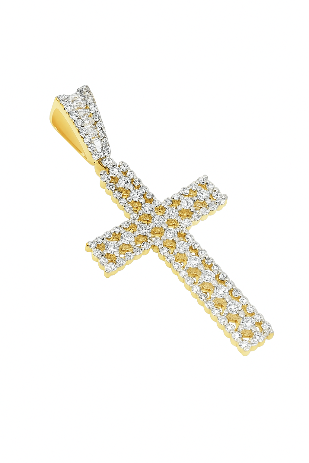 10K Yellow Gold Diamond Cross Pendant with Fancy Round Cut Diamonds 3.25 ctw