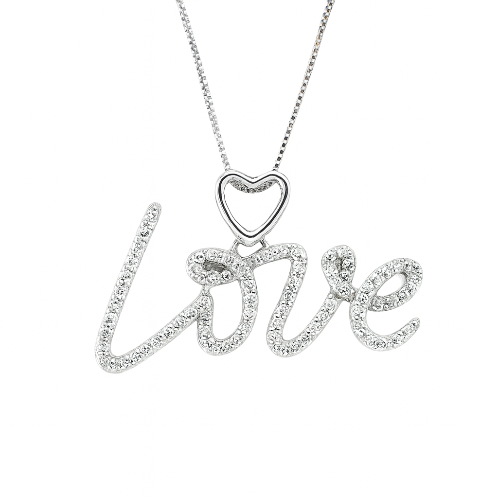10K White Gold Diamond Love Charm Necklace Script Heart Pendant 0.28 CTW