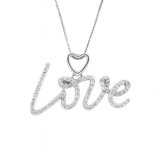 10K White Gold Diamond Love Charm Necklace Script Heart Pendant 0.28 CTW