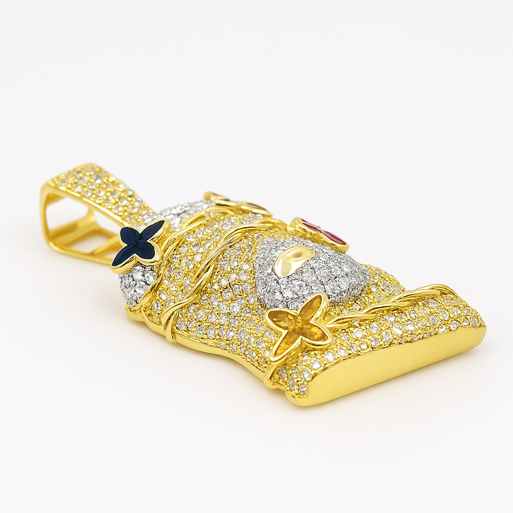 10K Yellow Gold Diamond Jesus Pendant 2.0 ctw | Multicolor Butterfly Accent Iced-Out Pendant