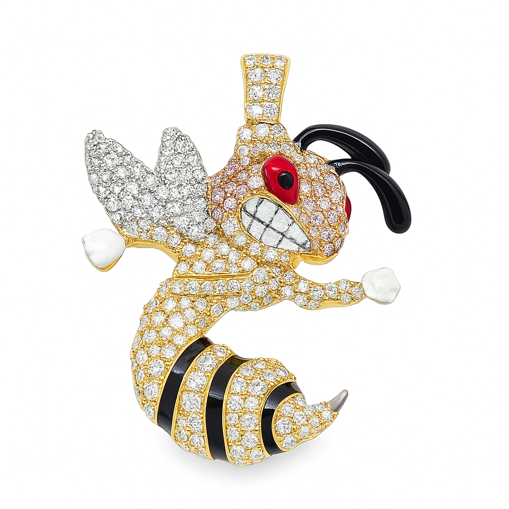 10K Yellow Gold Angry Bee Diamond Pendant 1.01 ctw | Enamel Solid Back Iced-Out Charm