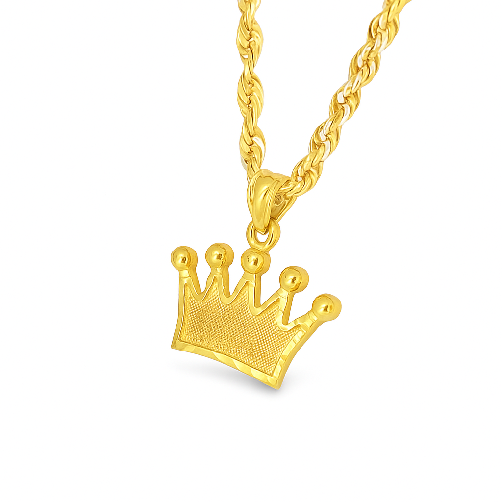 Polished 10K yellow gold crown pendant and rope chain