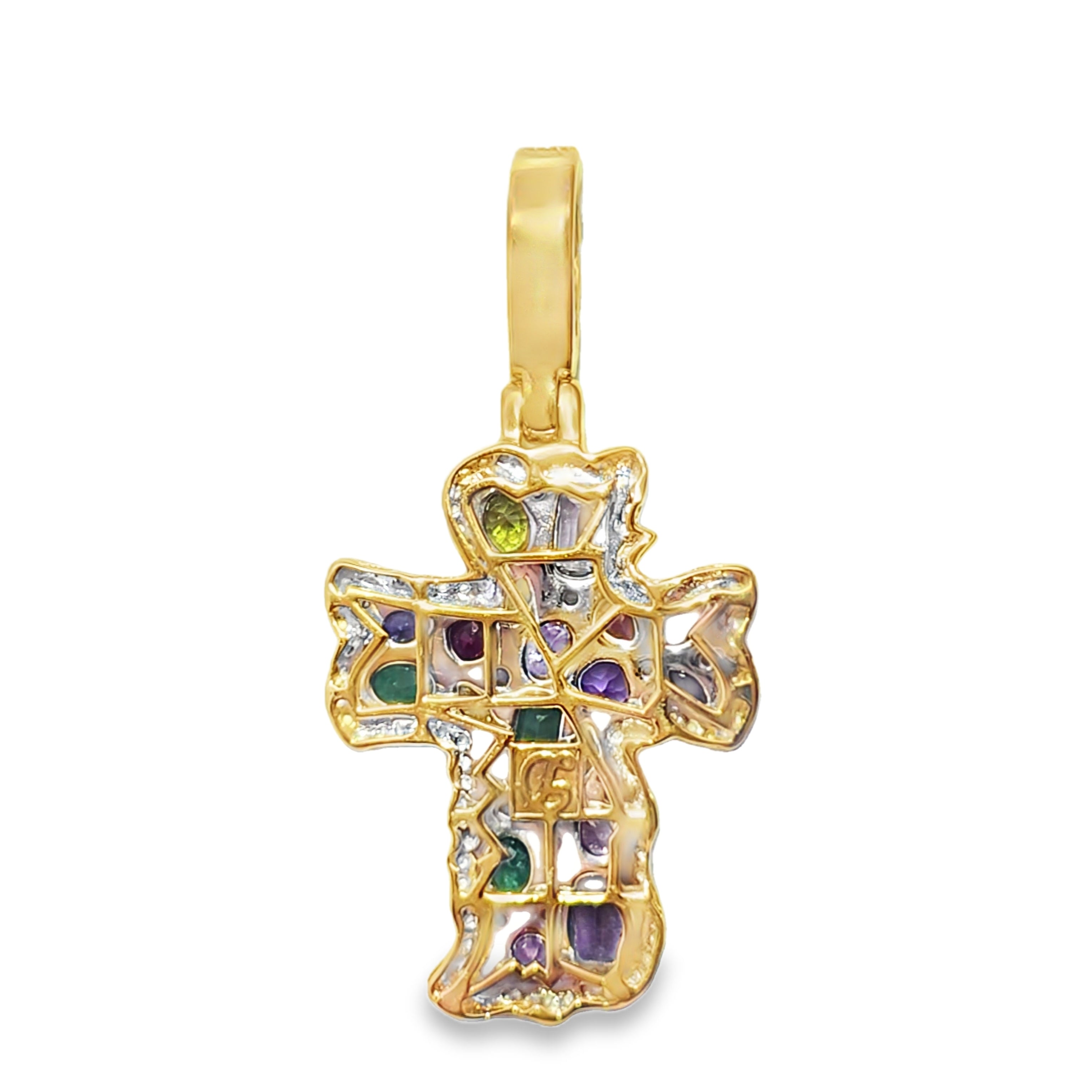 10K Yellow Gold Multi-Gemstone Diamond Cross Pendant 3.50ctw