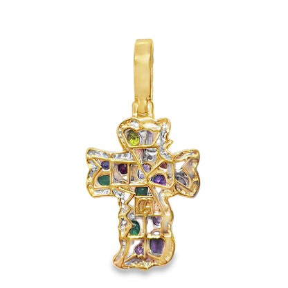 10K Yellow Gold Multi-Gemstone Diamond Cross Pendant 3.50ctw