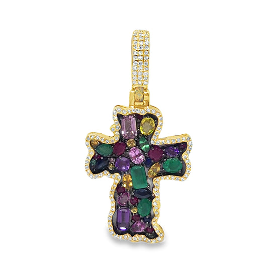 10K Yellow Gold Multi-Gemstone Diamond Cross Pendant 3.50ctw