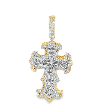 10K Yellow Gold Baguette & Round Diamond Cross Pendant 1.50ctw