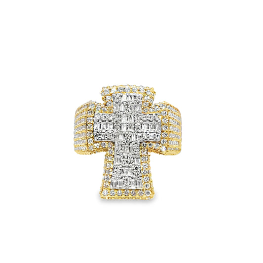 Bold Diamond Cross Ring 2.95 CTW in 10K Yellow Gold | Baguette Style