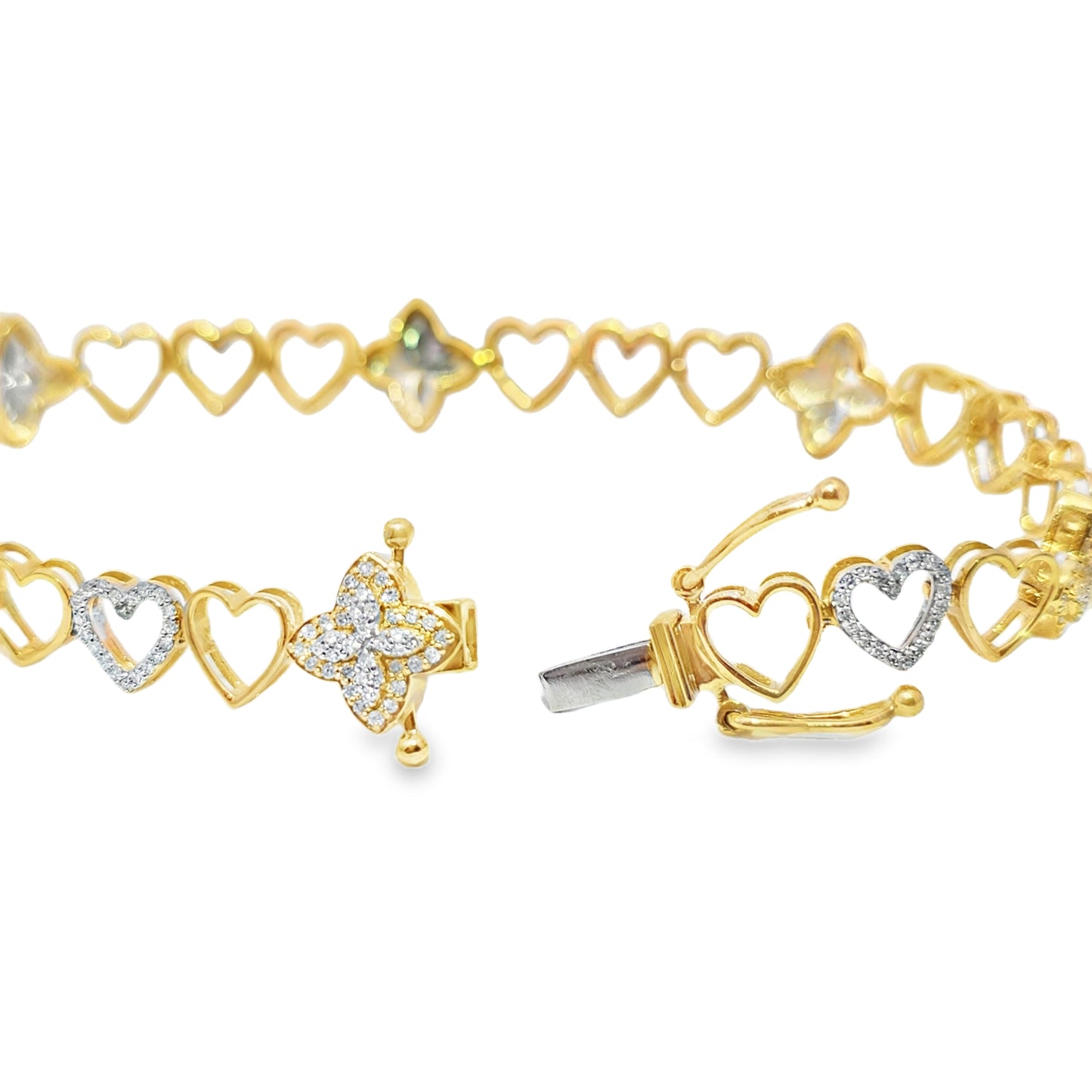 Women's Elegant Clover Heart Bracelet 0.95 ctw Diamond 10K Yellow Gold 7"