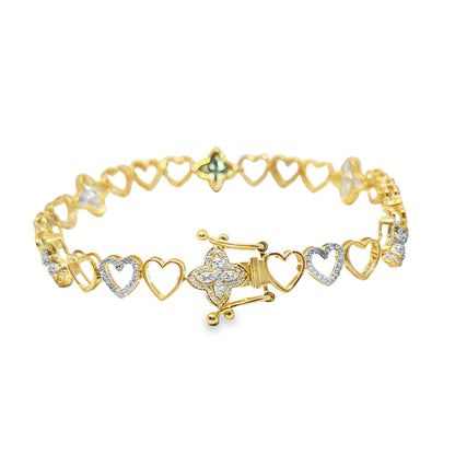 Women's Elegant Clover Heart Bracelet 0.95 ctw Diamond 10K Yellow Gold 7"