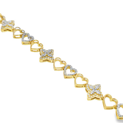 Women's Elegant Clover Heart Bracelet 0.95 ctw Diamond 10K Yellow Gold 7"
