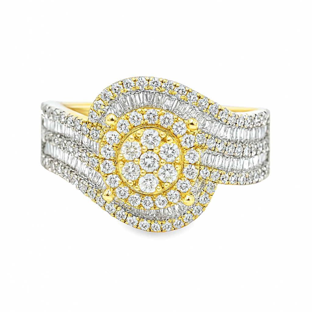 10K Yellow Gold Diamond Ring 1.50 ctw | Round Brilliant Cluster with Baguette Accents – Jewelry Palace Lithonia GA