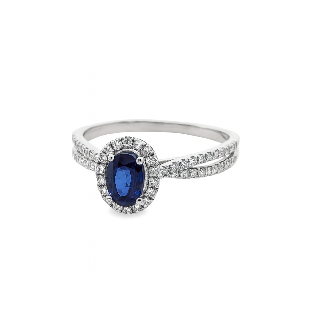 14K White Gold Oval Blue Sapphire & Diamond Ring 0.38 ctw