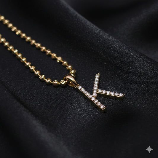 10K Yellow Gold Diamond "K" Initial Pendant Necklace with Moon Cut Chain – 1/8 CTW