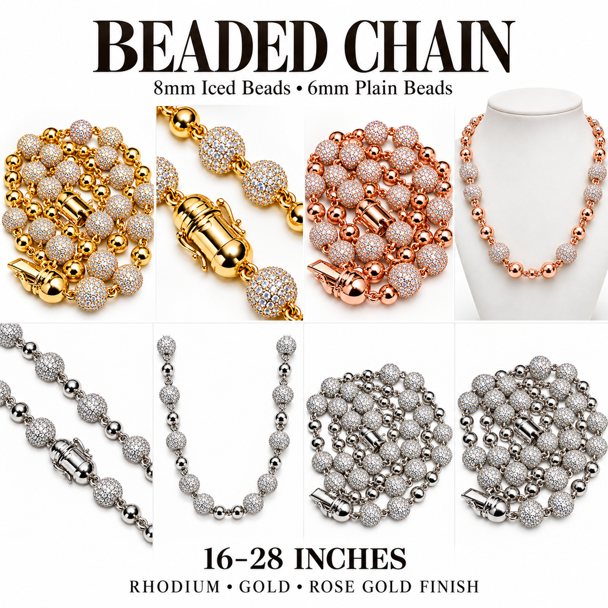 VVS Beaded Chain  – 8mm Iced Beads & 6mm Plain Beads