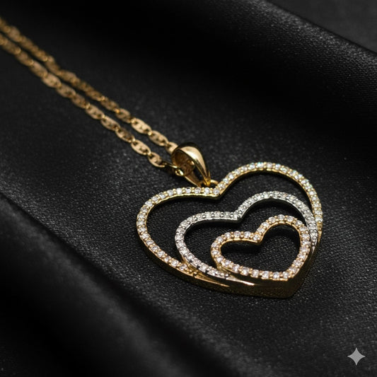 10K Tri-Color Gold Diamond Double Heart Pendant Necklace with Link Chain – 0.50 CTW