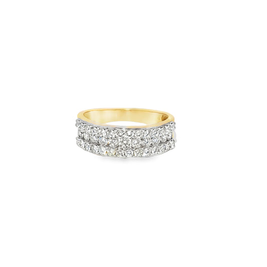 14K Yellow Gold 3-Row Diamond Band Ring 1.50 CTW | Round Cut Iced-Out Look