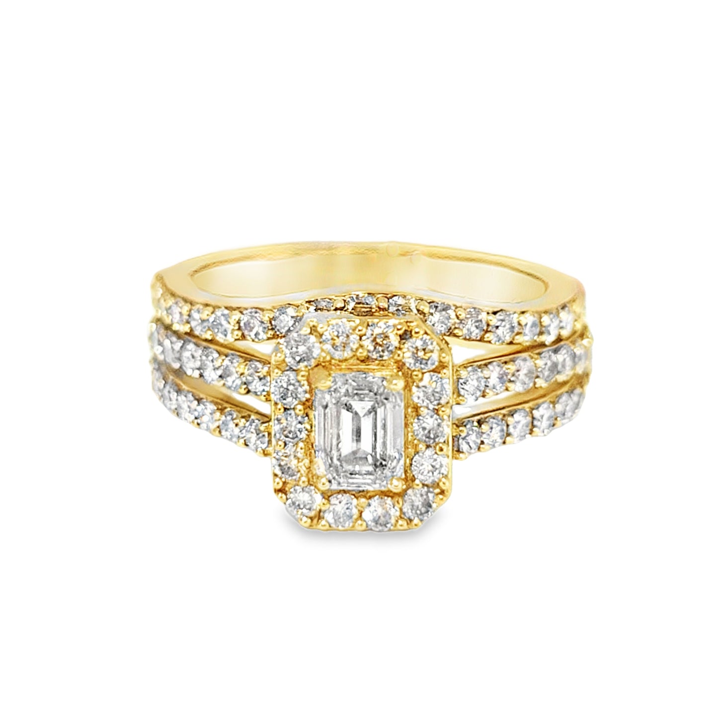 10K Yellow Gold Baguette Center Halo Set Diamond Ring with Band 1.75ctw