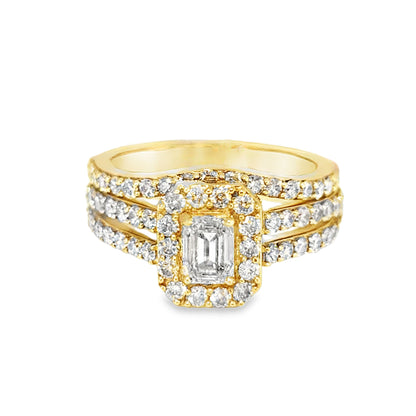 10K Yellow Gold Baguette Center Halo Set Diamond Ring with Band 1.75ctw