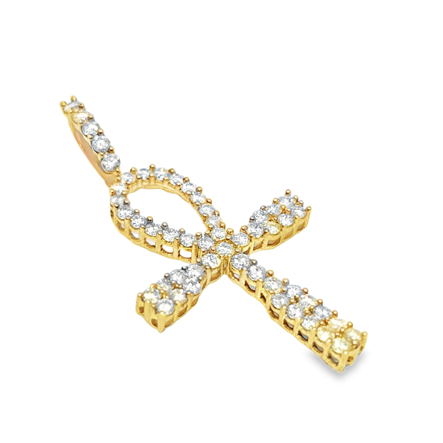 10K Yellow Gold Diamond One Row Ankh Cross Pendant 1.25 ctw