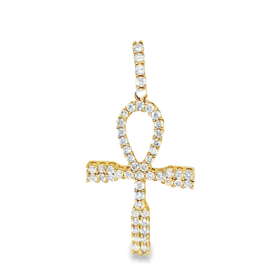 10K Yellow Gold Diamond One Row Ankh Cross Pendant 1.25 ctw