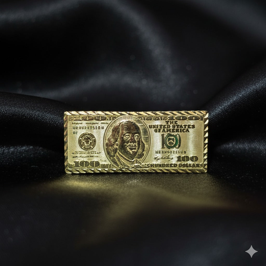 10K Gold $100 Dollar Bill Ring – Benjamin Franklin Engraved Statement Ring