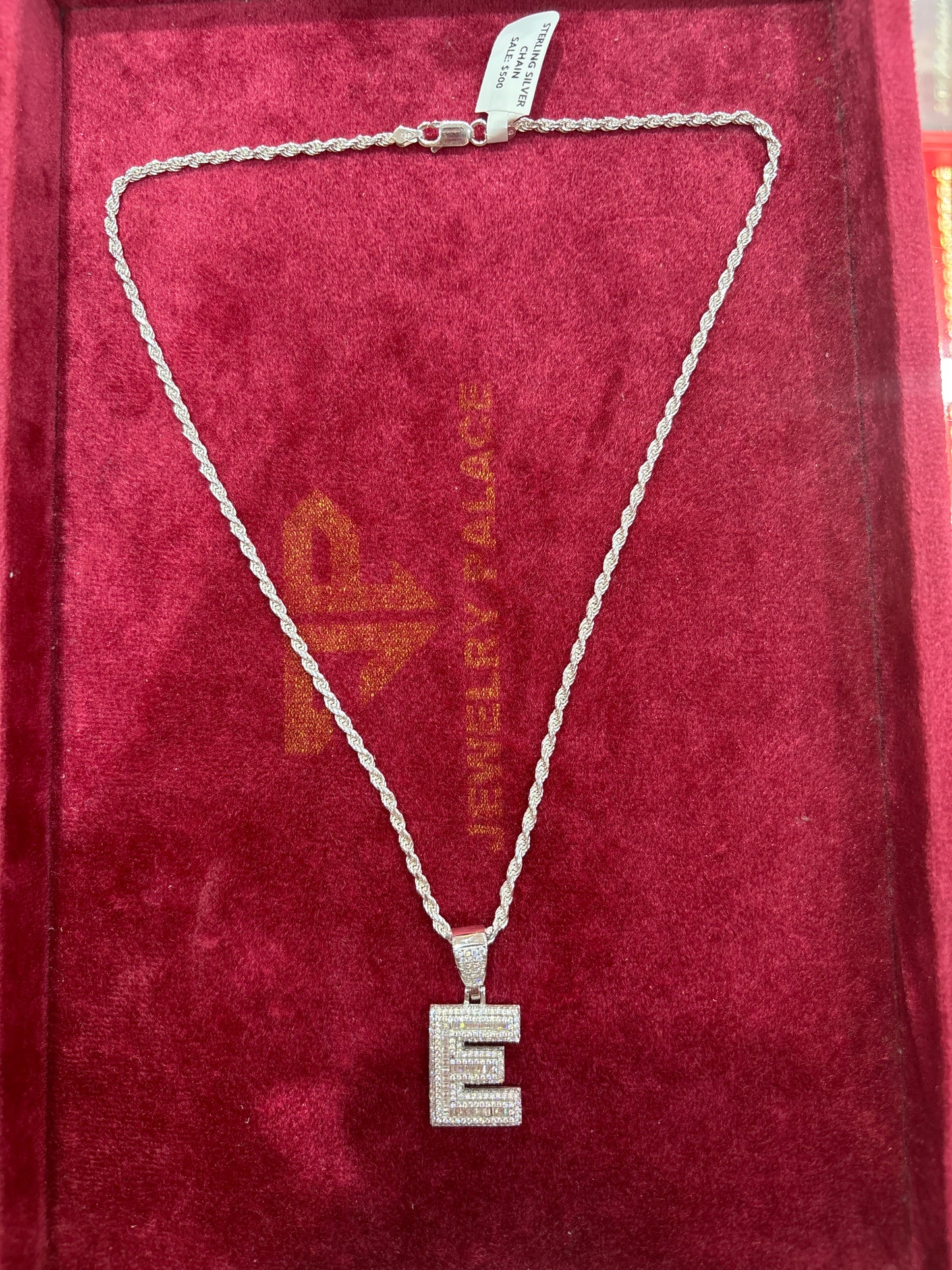 925 Silver Moissanite Initial E + 925 Silver Rope 16inch