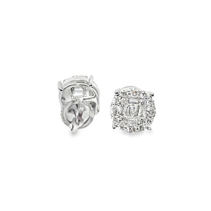 14K White Gold Baguette Center 4-Prong Diamond Round Earrings | Luxury Halo Studs | Jewelry Palace